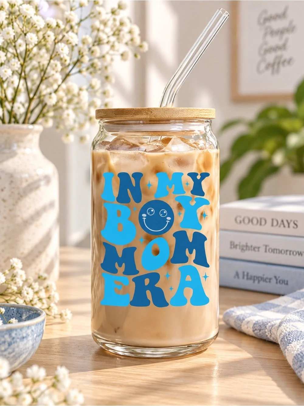 Reusable Drink Jar with Blue 'In My Boy Mom Era' Design 🦋